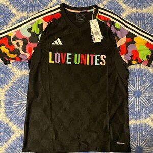 NWT Mens Adidas Love Unites Black AEROREADY Soccer Jersey L Large Tiro Slim